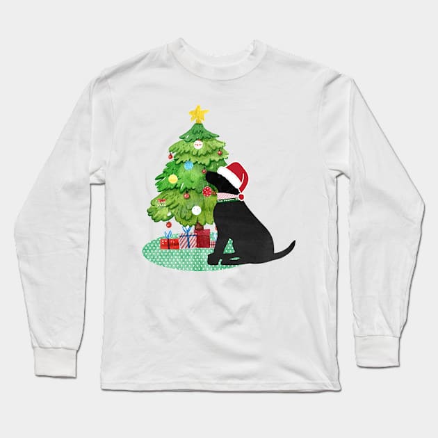 Black Lab Decorating Christmas Tree Long Sleeve T-Shirt by emrdesigns